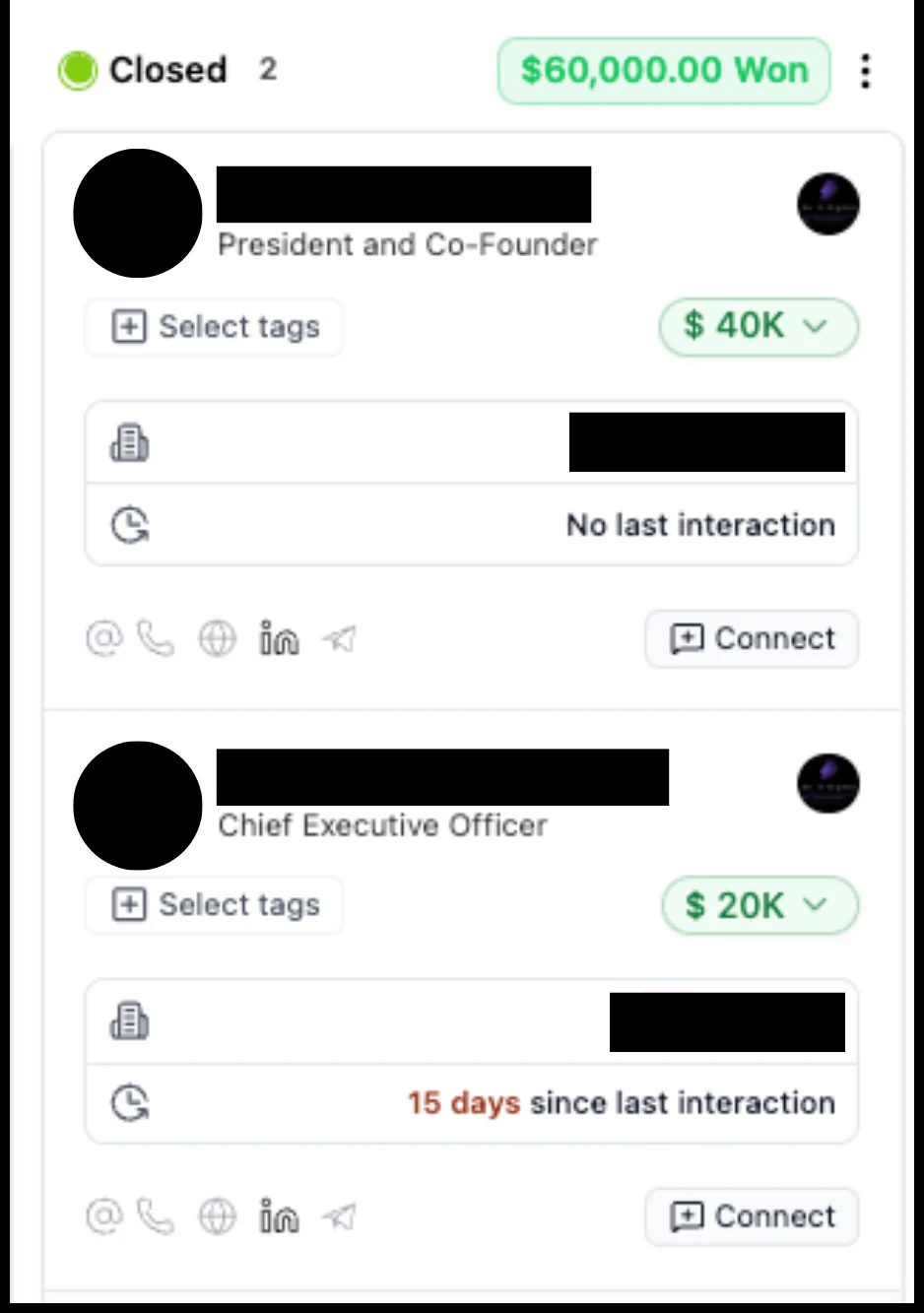 Client CRM showing two closed-won deals