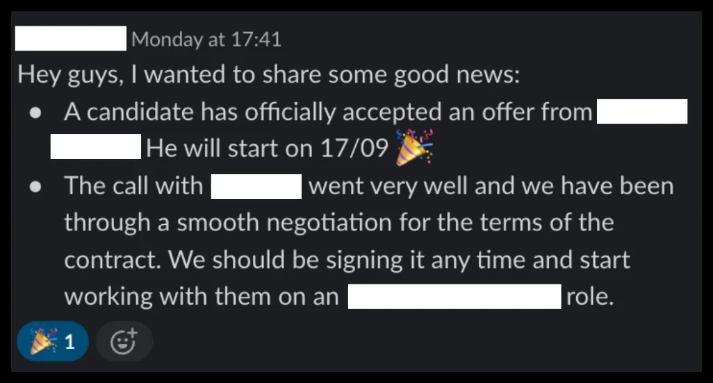 Client Slack message, a candidate accepted an offer and a contract is moving into signing